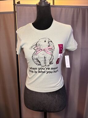 Mint Green Short Sleeve Graphic Tee with Bunny and Pink Bow
